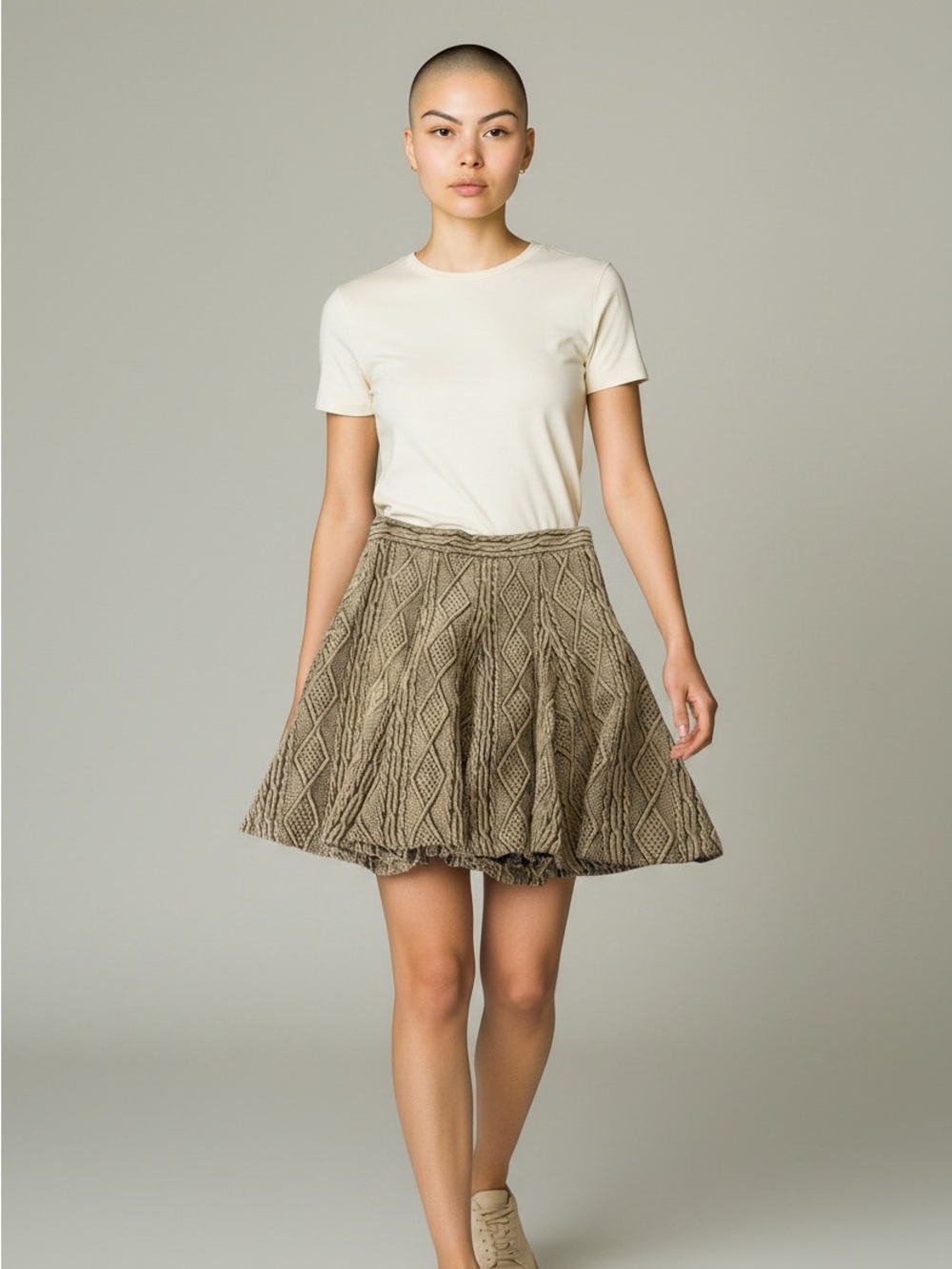 Pink Tartan Cable Knit Skater Skirt in Tan size 4